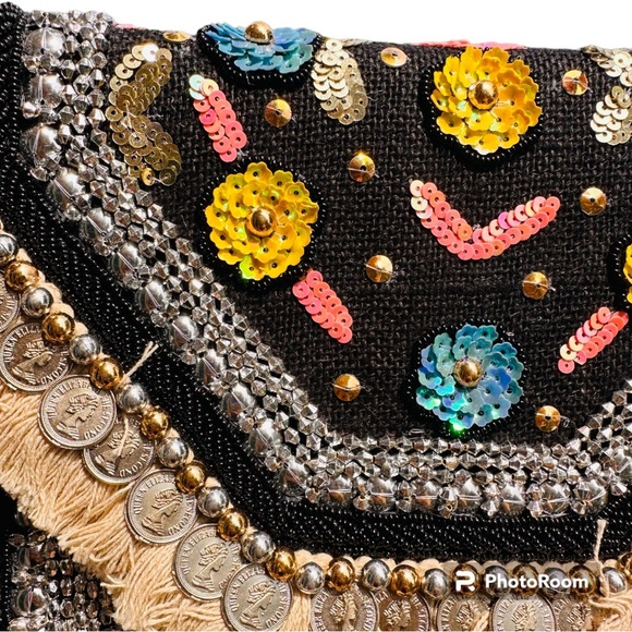 Bohemian Envelope Wristlets Banjara Clutch Black Color With tassels - Picture 3 of 4